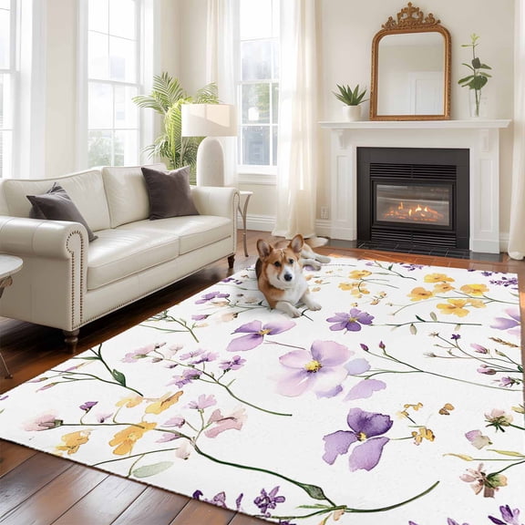 5'x8' Area Rugs, Purple Floral Blossom Indoor Outdoor Area Rug for Living Room Bedroom, Spring Rustic Botanical Washable Bathroom Rugs Kitchen Floor Carpet Mats Home Decor Aesthetic