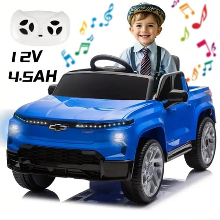 Kids Ride On Truck Car, Licensed Chevrolet Silverado Battery Powered Electric Pickup Vehicle Toys for Toddler Ages 3-6, with Four-Wheel Suspension, USB, MP3, Bluetooth, LED Lights - Blue/12V