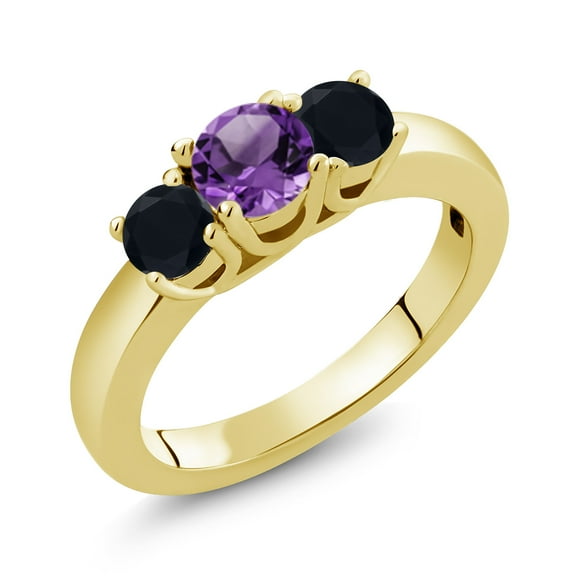 Gem Stone King 0.92 Ct Round Purple Amethyst Black Onyx 18K Yellow Gold Plated Silver Ring (Size 7)
