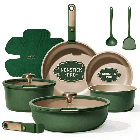 Carote 15 Pcs Nonstick Cookware Set, Non Stick Pots and Pans with Detachable Handles, Oven Safe, Induction Cookware, Stackable Kitchen Set, Green