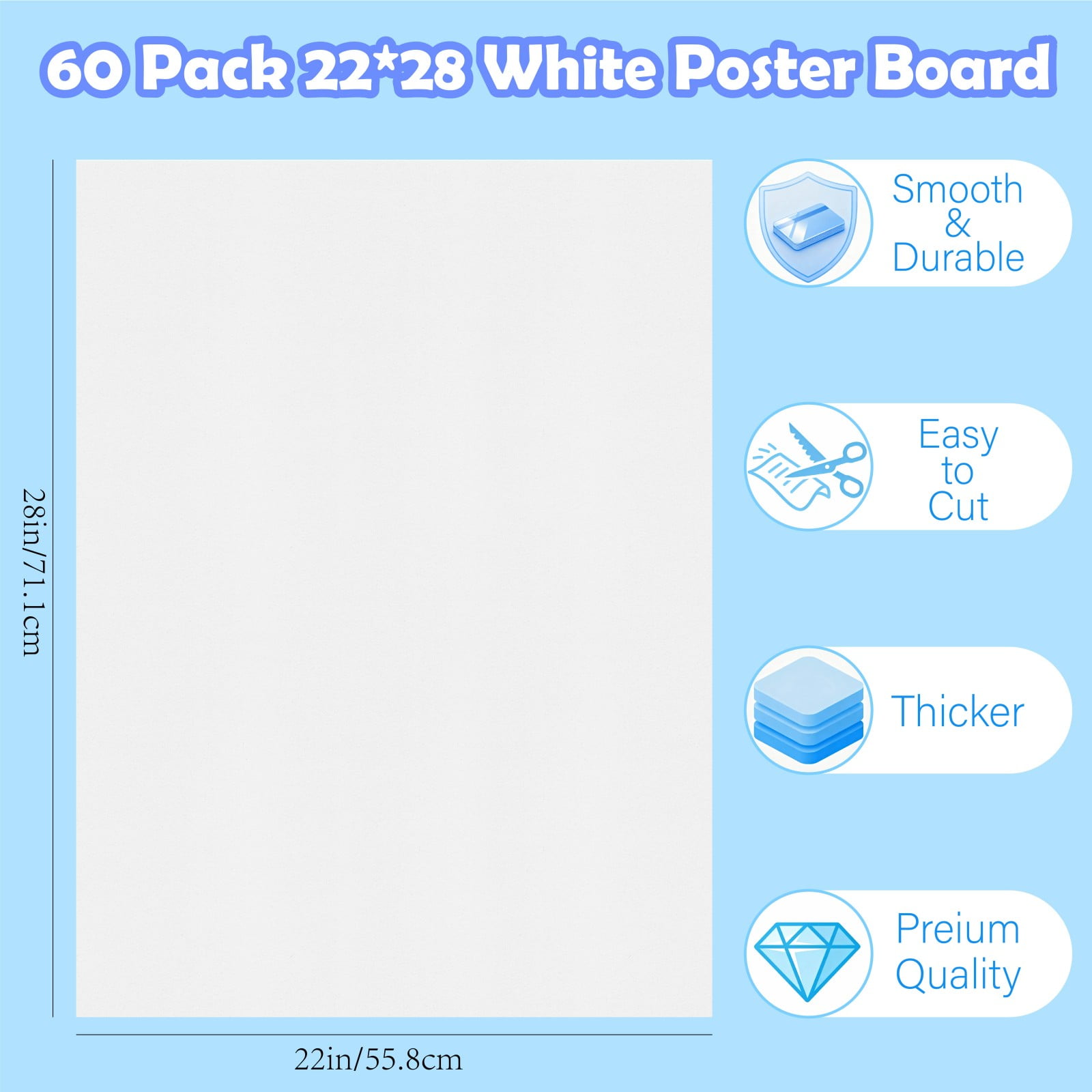 60Pcs 22x28 White Poster Board,2 Side Glossy & Matte Thickness Poster Board Bulk for Vision,Science Fair,School Arts Project Presentations,Scrapbooking Blank Graphic Display