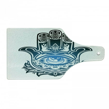 

Hamsa Cutting Board Evil Eye Inside the Esoteric Protection Decorative Tempered Glass Cutting and Serving Board Wine Bottle Shape White Black and Blue by Ambesonne