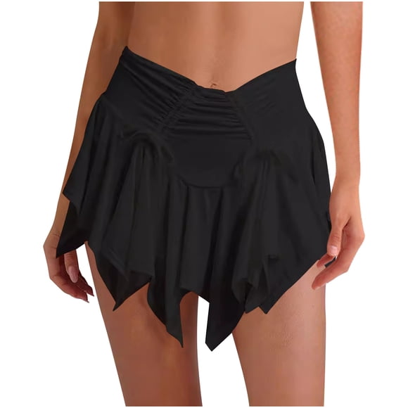 Elvqul Elastic Waisted Skirt for Women Summer Mini Skirts Tiered Black Tiered Womens Short Skirts Pure Color