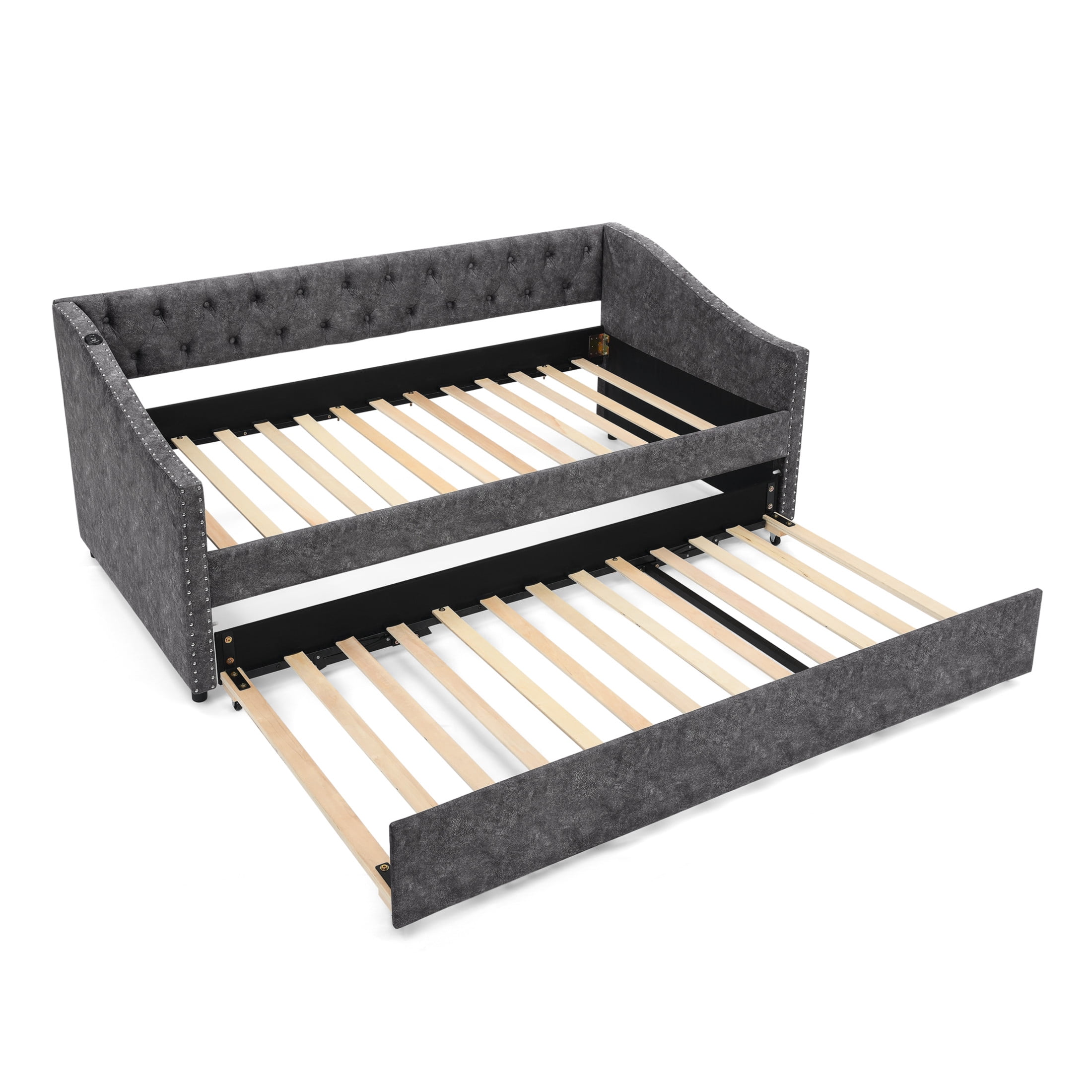 Noble House Liza Twin Size Upholstered Tufted Daybed, Extendable Pull-out Double Bed Frame with Charging Port, Grey