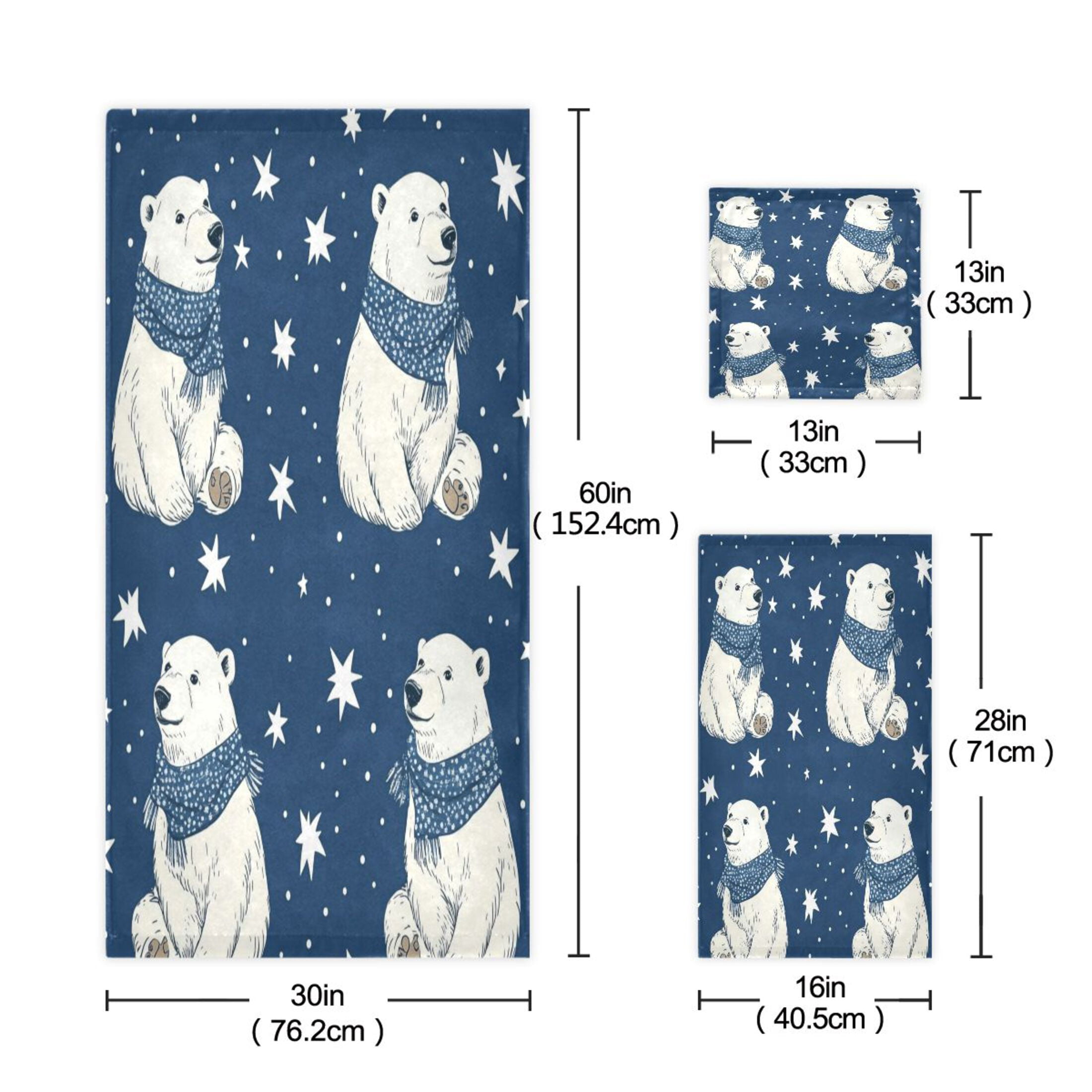 Wobogo Cute Polar Bears Pattern Ultra Soft 3 Pack Cotton Towel Set Includes 1 Bath Towel 1 Face Towel and 1 Washcloth for Everyday Use Lightweight and Compact