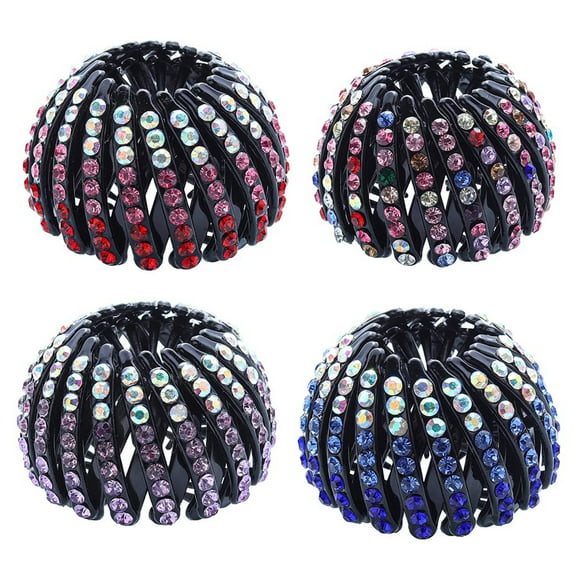 Amdohai 4 Pack Expandable Ponytail Holder Hair Accessory Rhinestone Bun Wrap Bird Nest Hairs Clip Hair Tail Holder for Women Girls