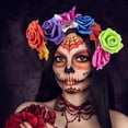 thumbnail image 4 of Luo Fashion Multicolor Rose Flower Crown Headband – Vibrant Mixed Floral Hair Hoop with Sugar Skull Makeup Accents, Day of the Dead & Halloween Costume Headpiece, 4 of 4