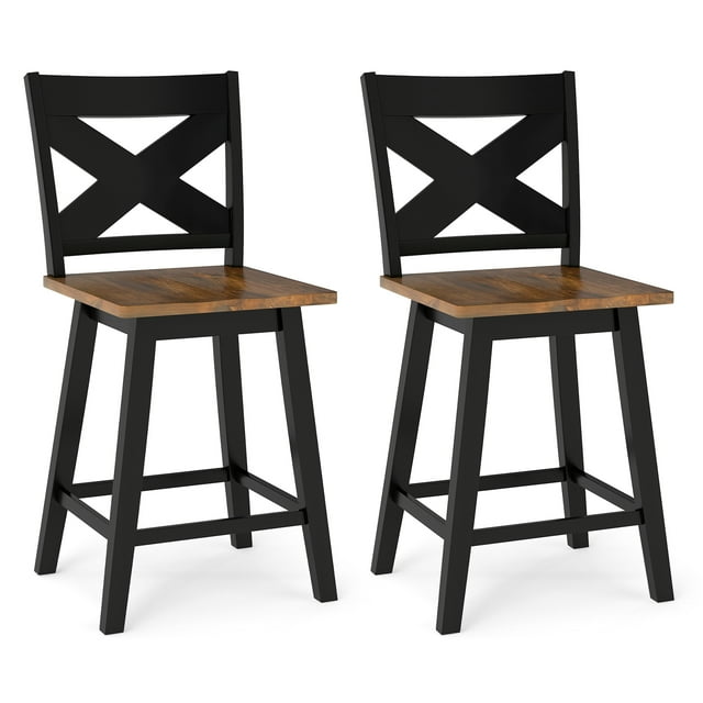 Gymax 24'' Swivel Barstools Set of 2 w/Backrest Large Seat Footrest for Kitchen Island Black & Walnut