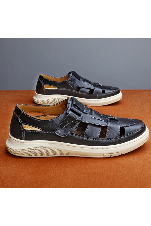 Closed Toe Men Retro Flat Sandals, Solid Color Hook & Loop Casual Outdoor Shoes Hollow Athletic Sandals - Roman Orthopedic Shoes