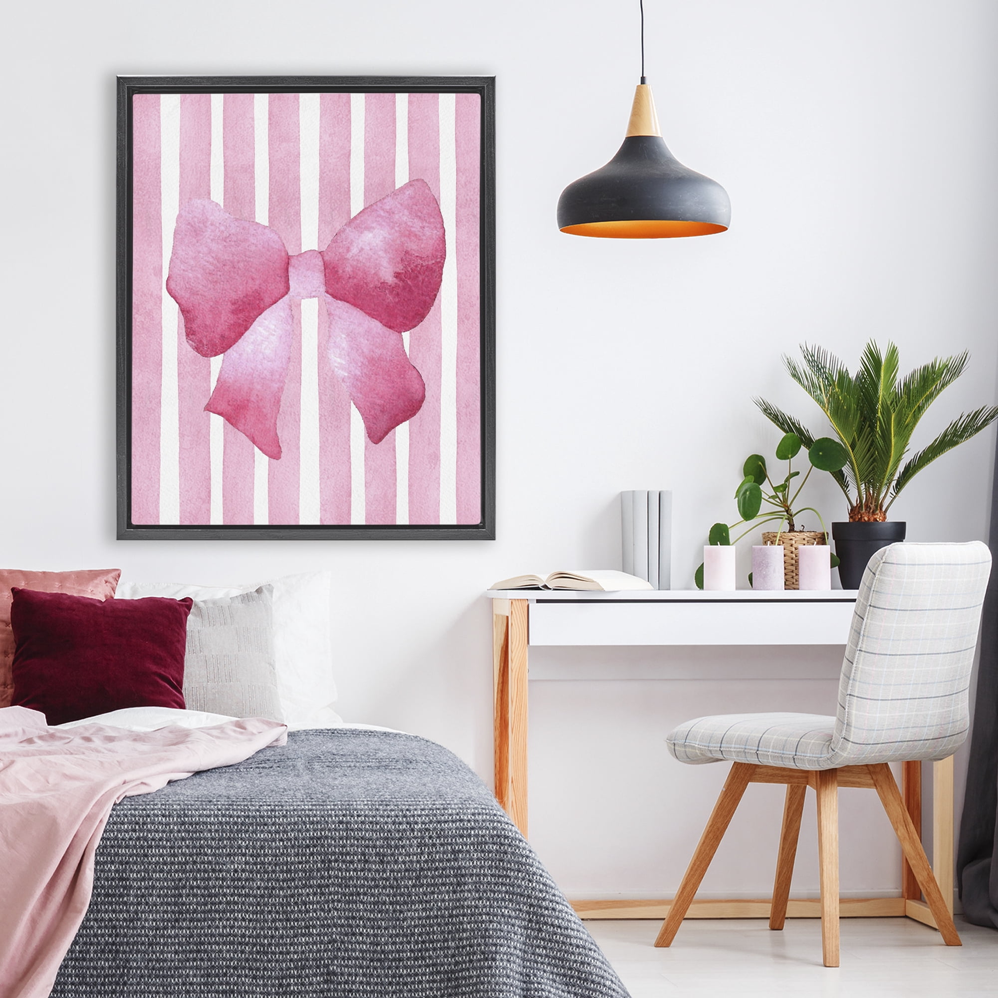 Stupell Industries Chic Bow on Pink Stripes Black Framed Floater Canvas Wall Art, design by Camila Juncos