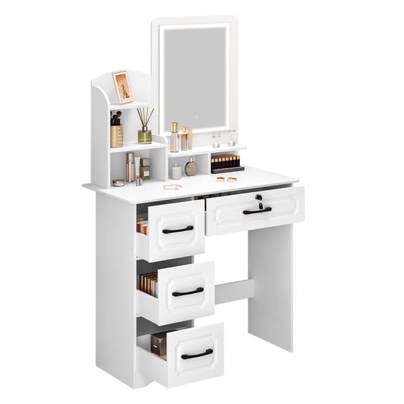 Yedigre Makeup Vanity Desk with Mirror – 4 Drawers & 6 Shelves for Organized Storage, LED Light Included