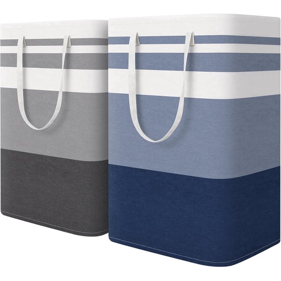 MORAVE Grey Blue 2 pack 75L Freestanding Laundry Basket, Waterproof Collapsible Hamper with Reinforced Handles, Storage for Dorm Bathroom Bedroom