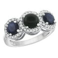 thumbnail image 1 of 14K White Gold Natural Black Onyx & High Quality Blue Sapphire Sides Round 3-stone Ring Diamond Accents, size 6, 1 of 2