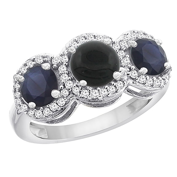 10K White Gold Natural Black Onyx & High Quality Blue Sapphire Sides Round 3-stone Ring Diamond Accents, size 9