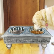 Raised Wooden Pet Double Diner with Stainless Steel Bowls - Antique Gray - Large