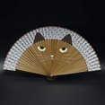 thumbnail image 2 of Abanico plegable de seda pintado a mano con diseño de gato de dibujos animados, abanico plegable de estilo japonés, abanico de mano para baile Cheongsam para mujer brillar Electrónica, 2 of 3