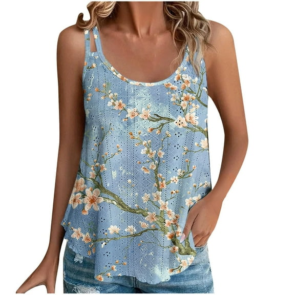 GA WEIHUA Women's Tank Tops Fashion Plum Blossom Print Camisoles Loose Fit Sleeveless Scoop Neck Hollow Camisole Summer Casual Ladies Eyelet Embroidery Shirts(Blue,XXL)