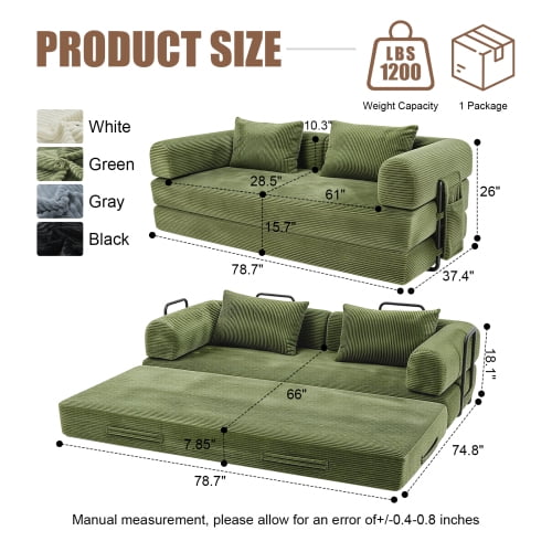 78" Corduroy Convertible Sleeper Sofa Bed, Boneless Futon Couch Floor Lounger Loveseat with Pull Out Mattress, Green
