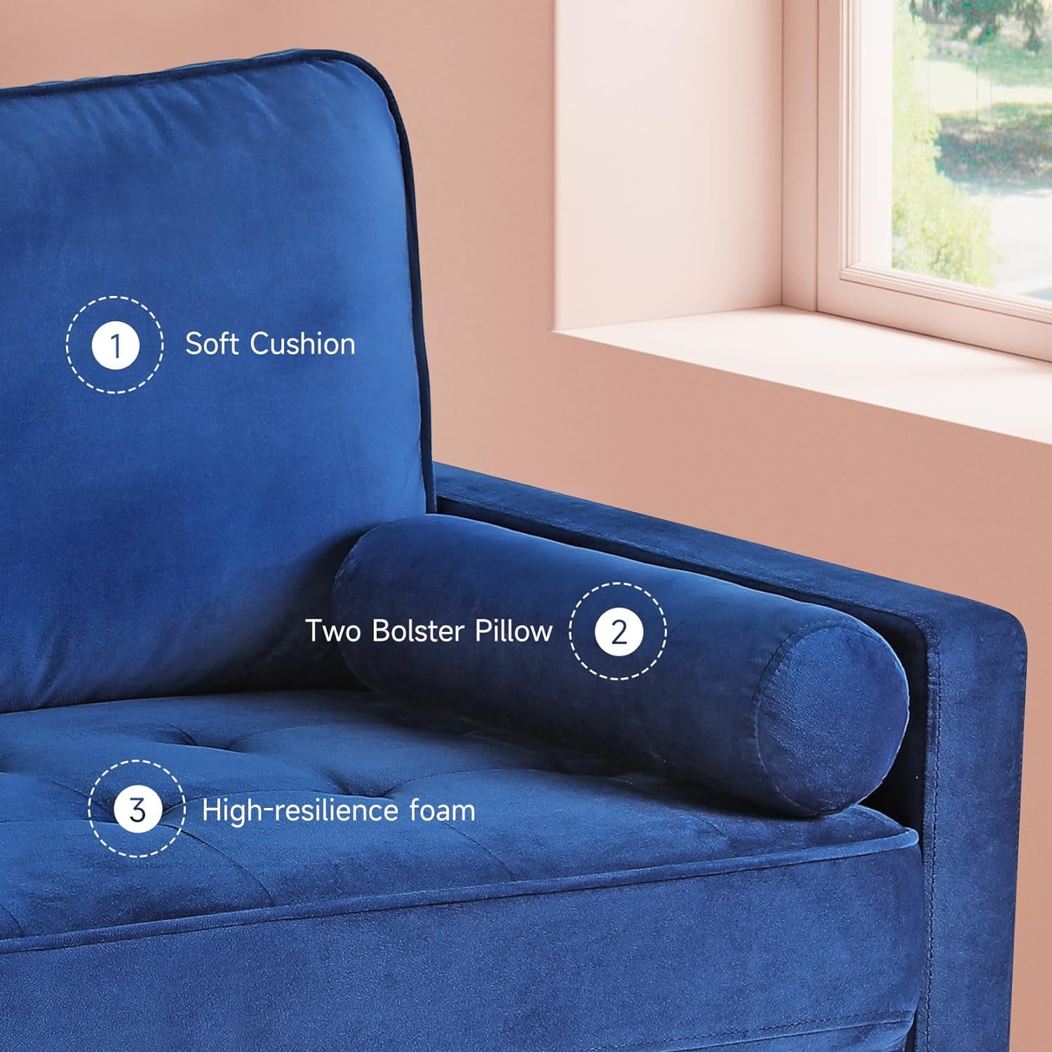 Neche 59" Velvet Spring Sofa Couch for Living Room, Office, Small Space, Solid Wood Leg, One Box,Blue