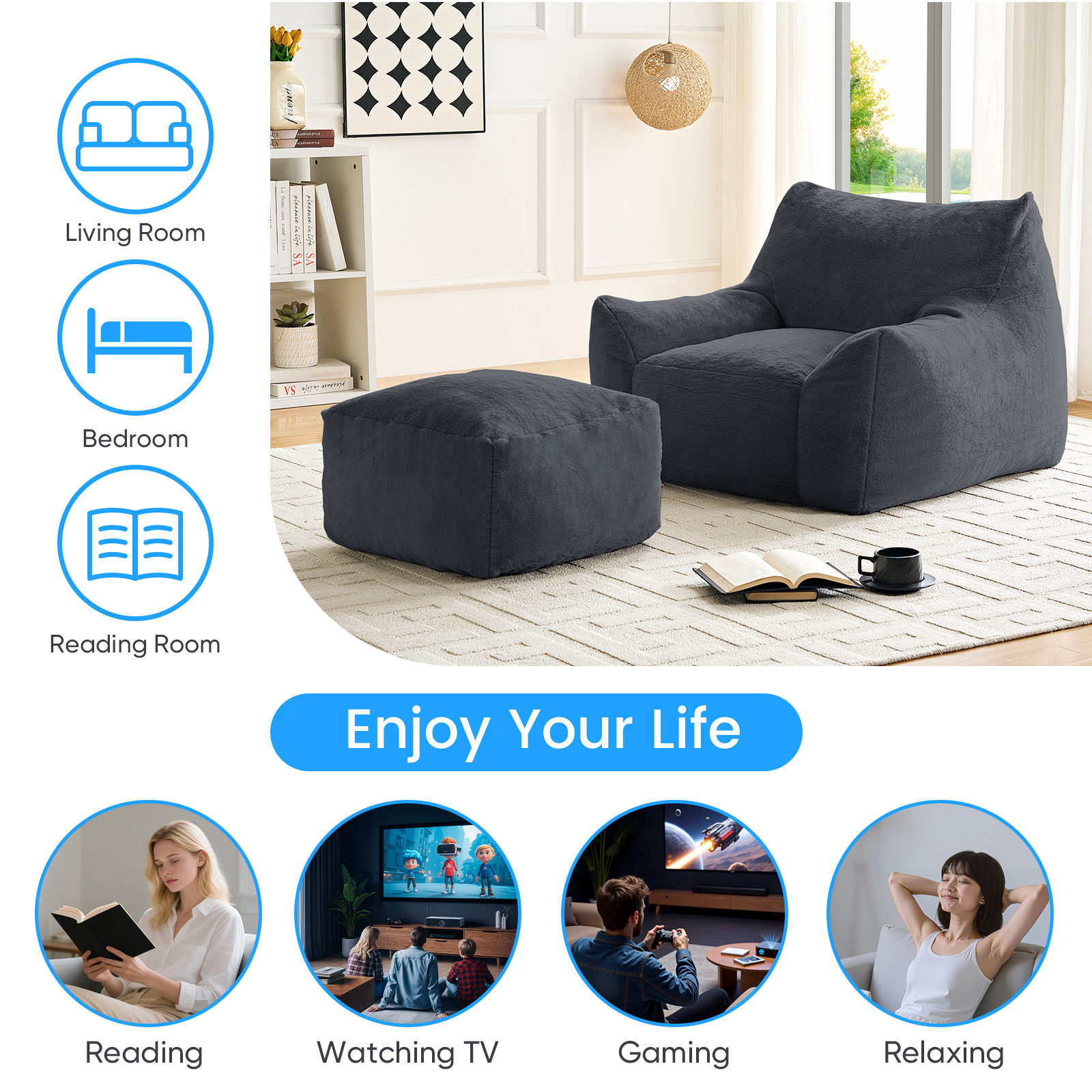 BALUS 42" Faux Fur Bean Bag Chair with 23" Ottoman and Armrests, Bean Bag Chair for Adults, Comfy Chair with Armrests for Bedroom, Dark Gray