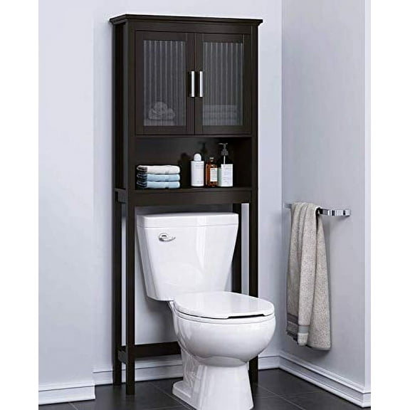 Spirich Home Bathroom Shelf Over The Toilet, Bathroom Cabinet Organizer with Tempered Glass Door (Espresso)