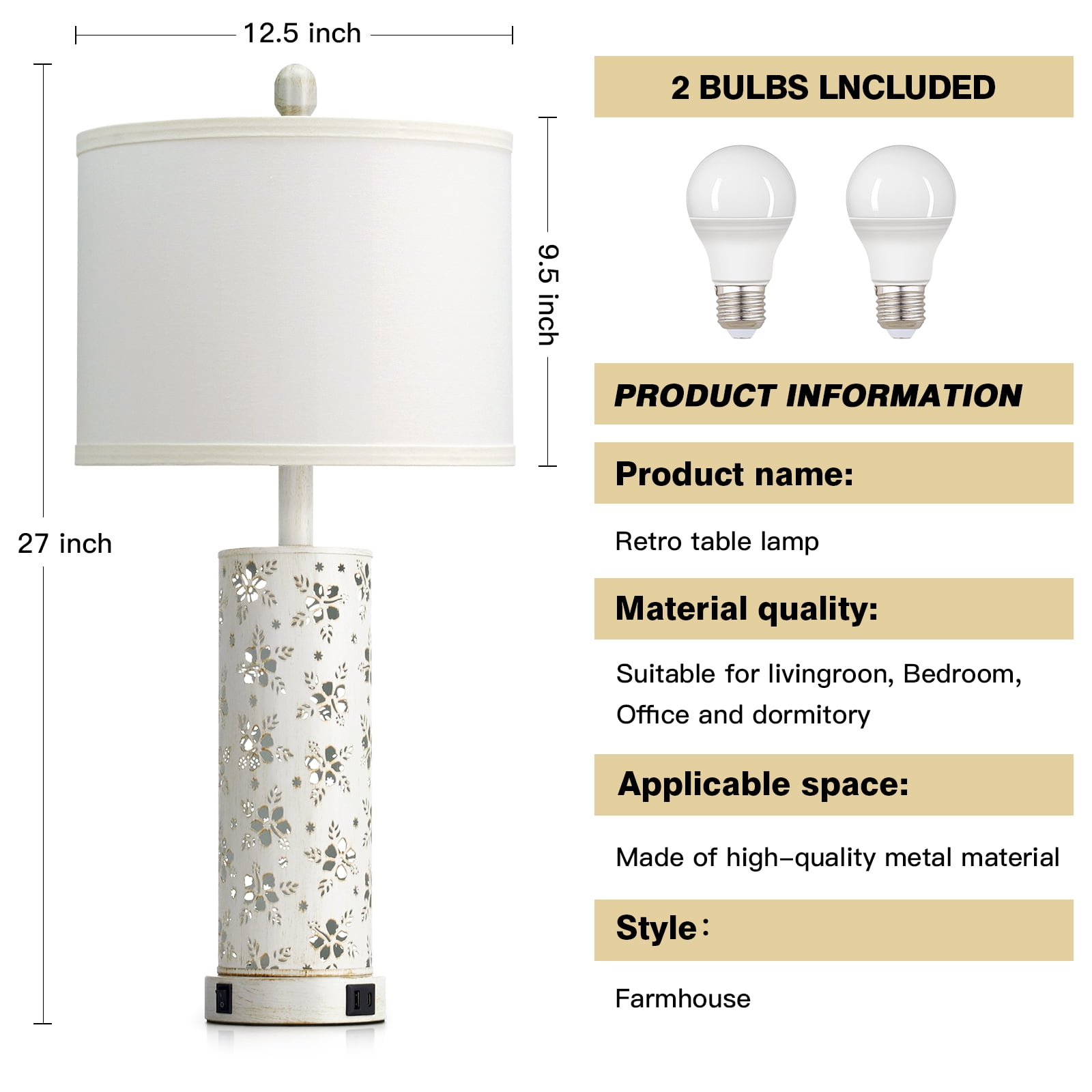 Lolikit 27" Table Lamps Set of 2 Beside Lamps for Bedroom Living Room with USB Charging Port, Modern Farmhouse Nightstand Lamps,Bulbs Included