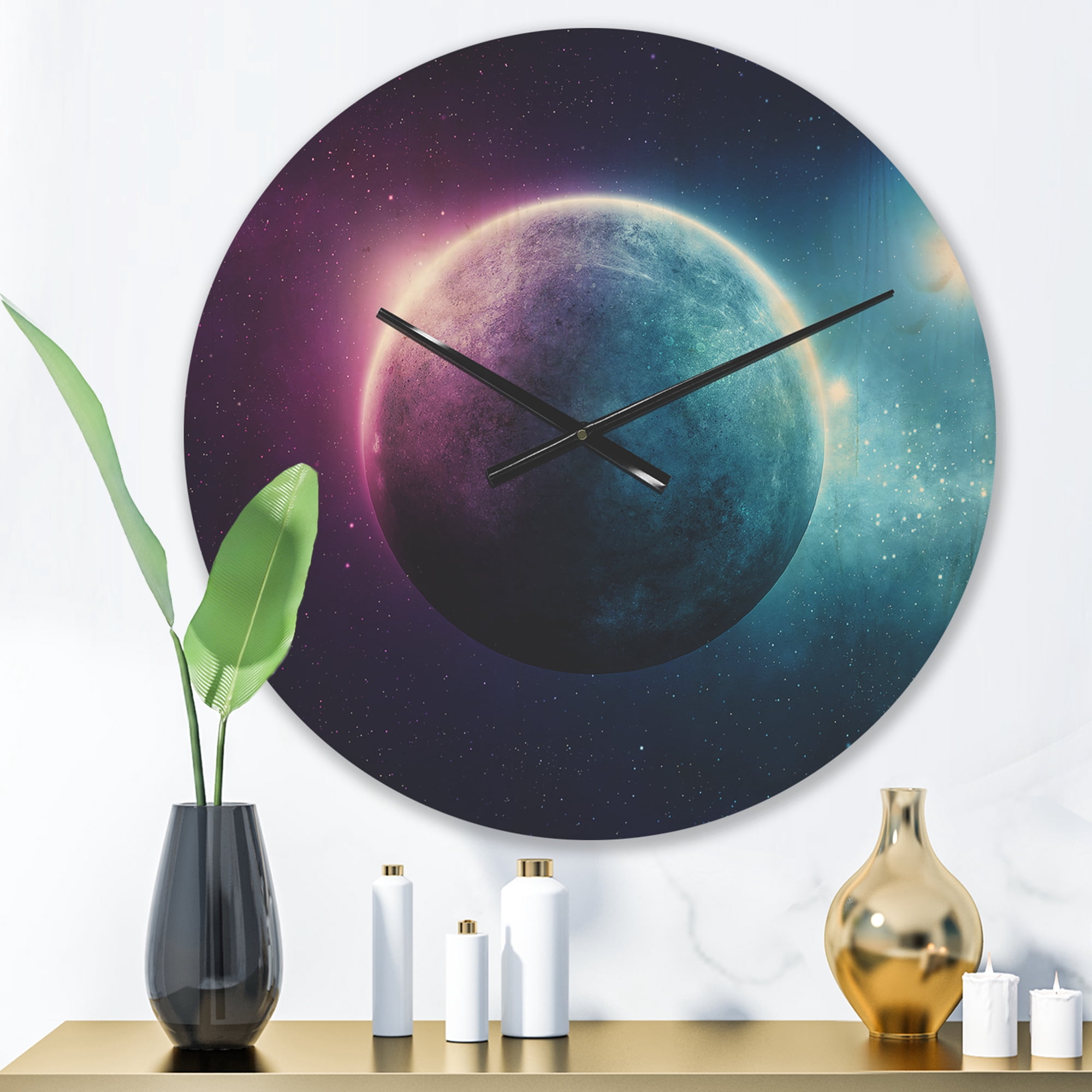 Designart 'Blue and Purple Deep Space Planet ' Modern Wood Wall Clock