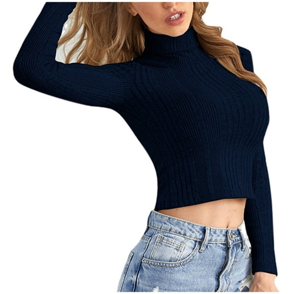 Vedolay Fall Sweaters Long Sleeve Crop Tops Turtleneck Knitted Pullover Sweaters Black,M