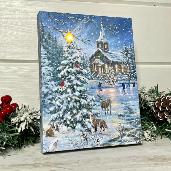 Crafted Creations LED Lighted Pine Tree with Animals Christmas Canvas Art - 6" x 8"