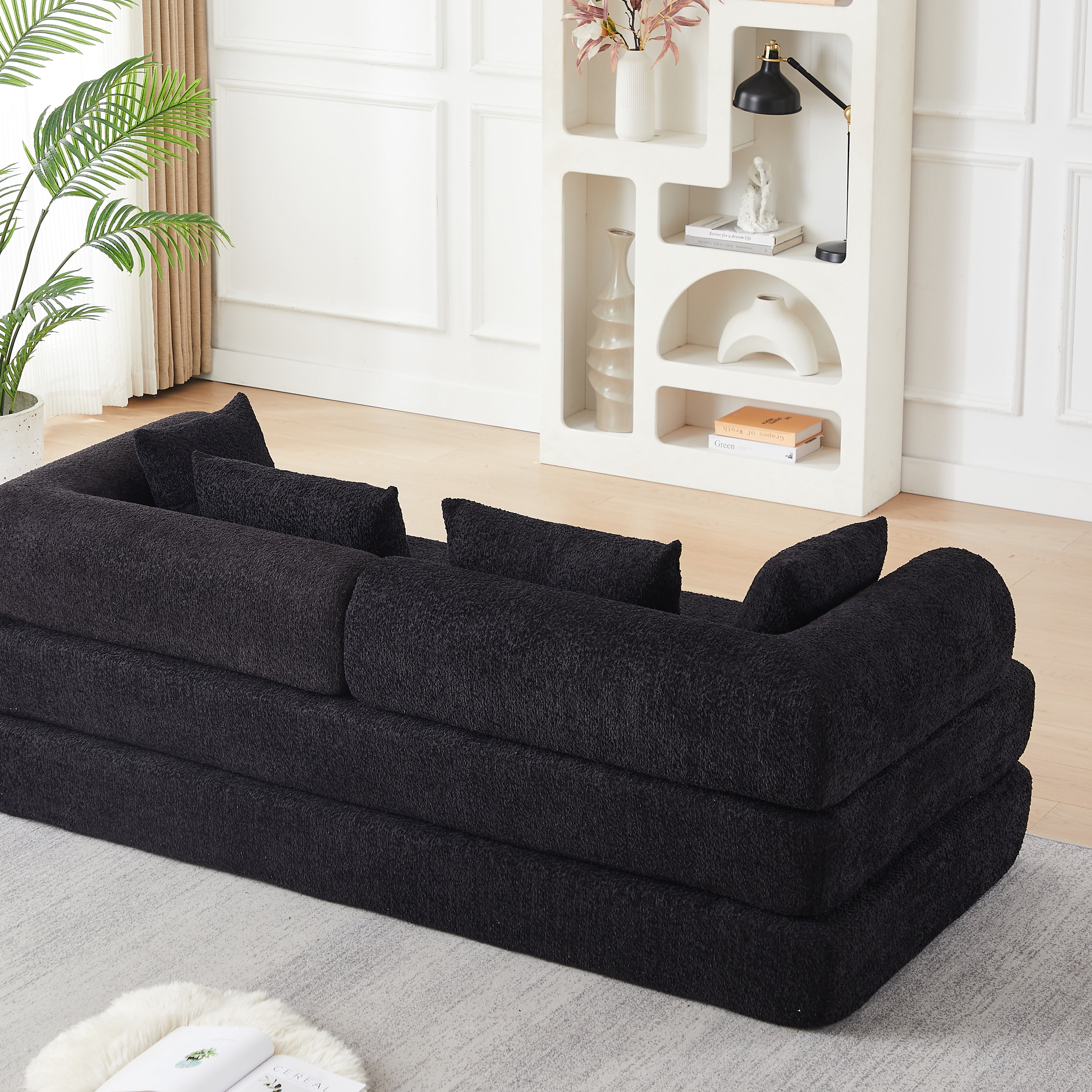 Sleeper Sofa 78.9 Inch with Chenille Fabric and Modular Design, Convertible Floor Sofa Bed and Folding Mattress Couch with Removable Armrests, Black