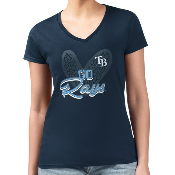 Women's G-III 4Her by Carl Banks Navy Tampa Bay Rays Leopard Heart Fitted V-Neck T-Shirt