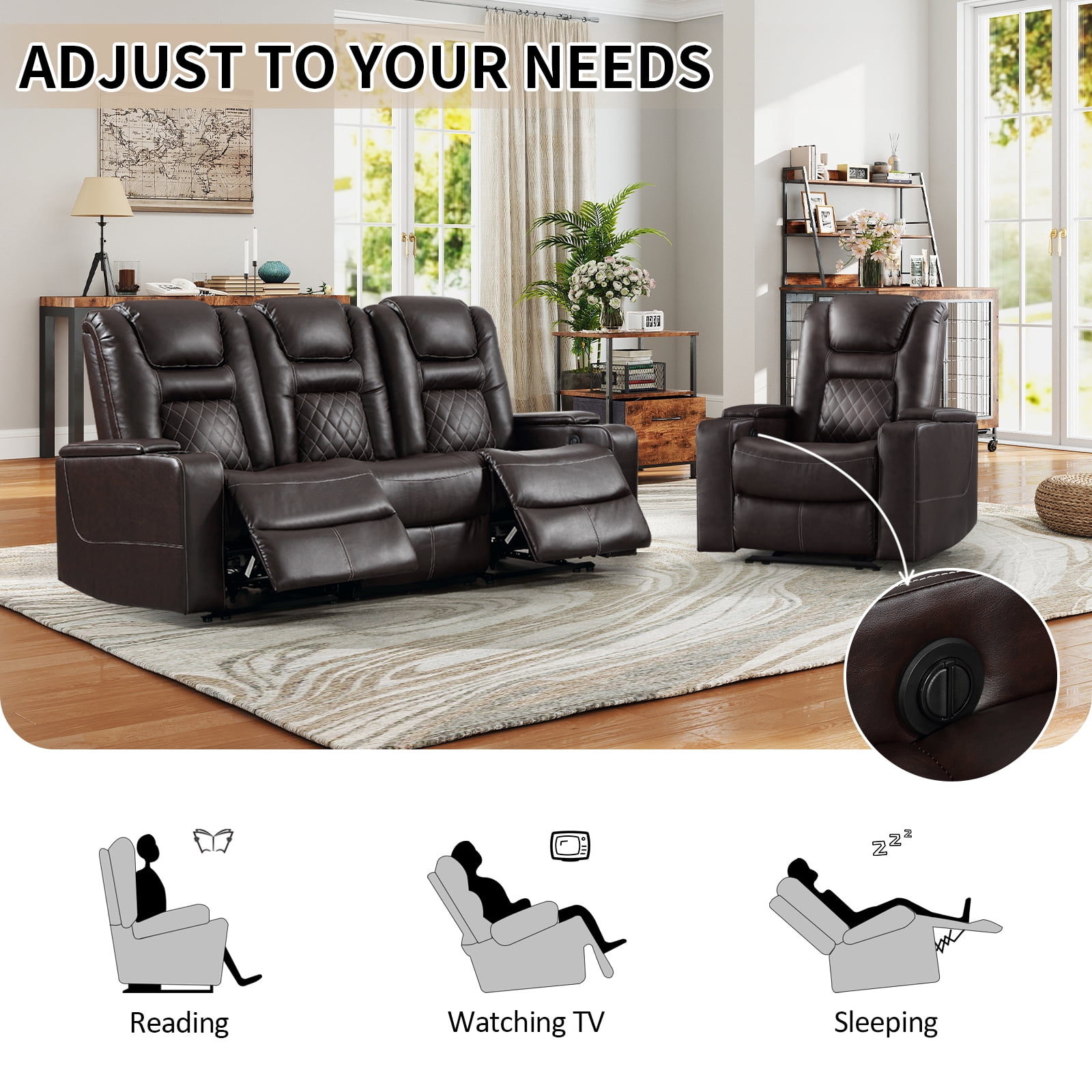 Bonzy Home Theater Recliner Chair Sofa, PU Leather 3 seat Power Recliner Sofa with Cup Holders, Hidden Arm Storage, USB Ports, Brown