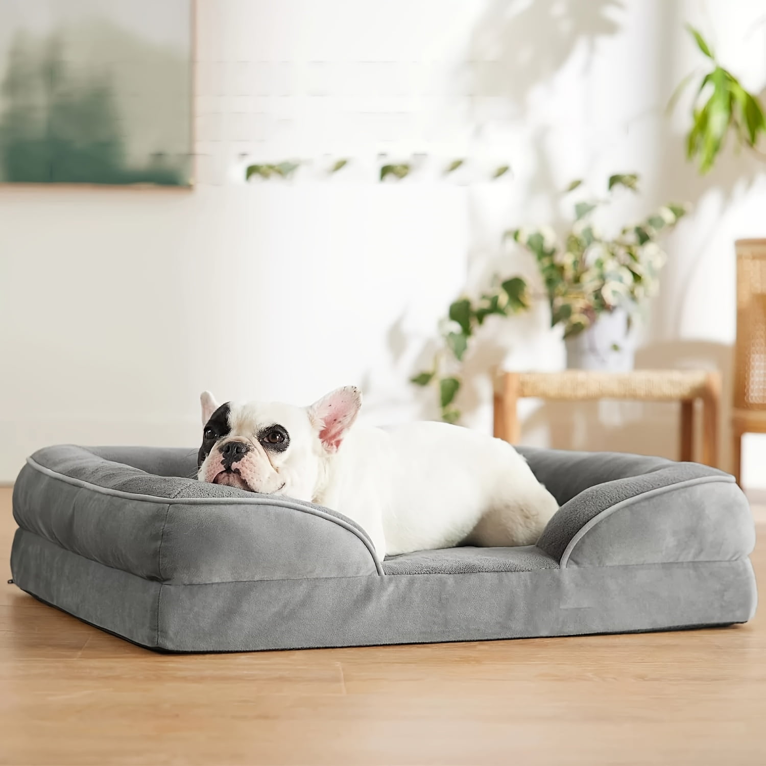 Gray Luxury Sofa-Style Pet Orthopedic Bed for Large and Medium Dogs – Removable Machine-Washable Plush Cover, 4-Sided Bolster, Non-Slip Bottom, Size 27.5"x23.6"x7"