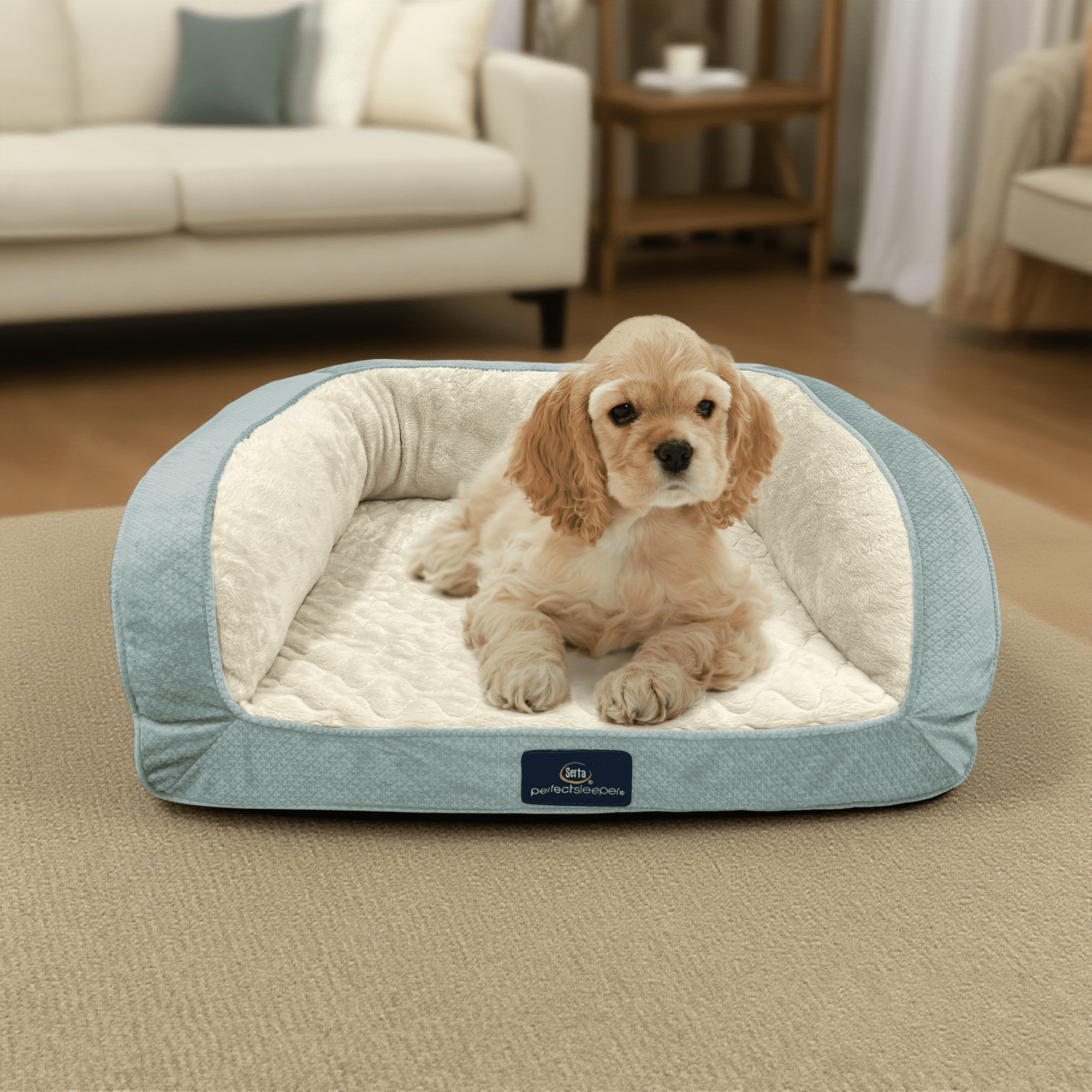 Serta Quilted Orthopedic Bolster Couch Cat & Dog Bed, Blue, Small
