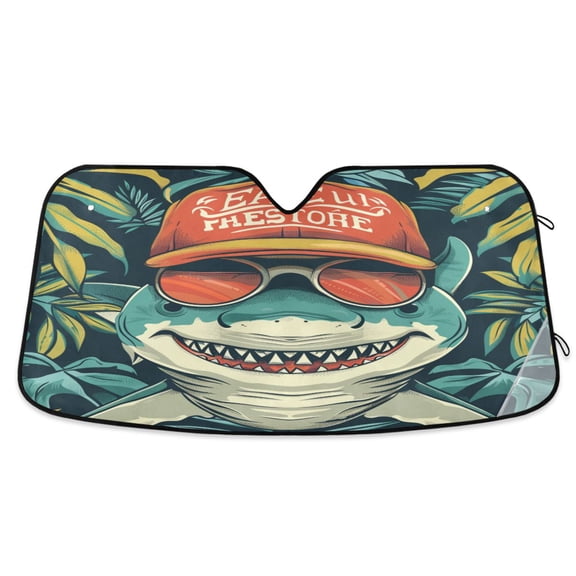 Shark with Hat and Sunglasses Car Windshield Sun Shade Foldable Car Front Window Visor Heat and UV Protection 53x23.5
