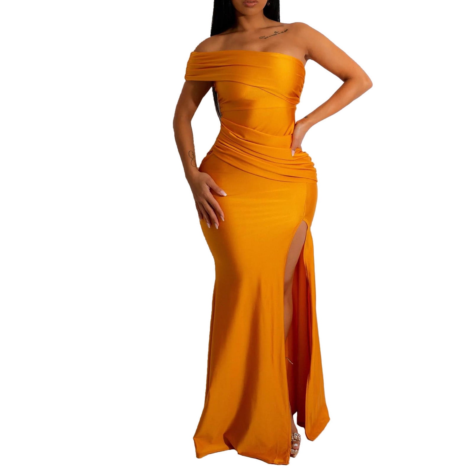 Hvot&aat One Shoulder Formal Dresses for Women Sexy Elegant Evening Gowns Split Thigh Bodycon Maxi Wedding Guest Dresses