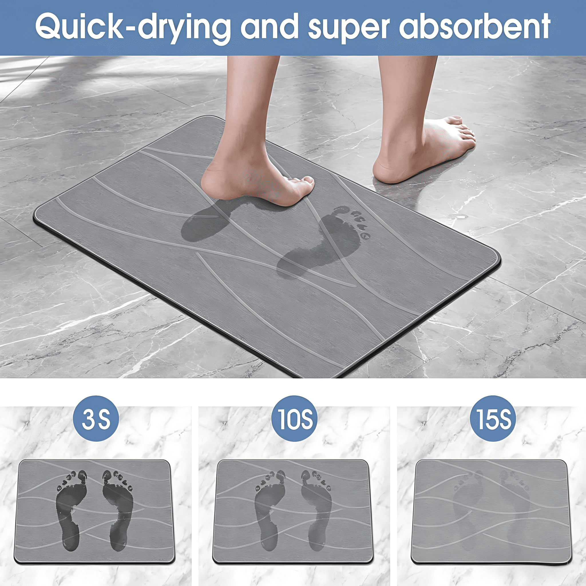 Diatomaceous Earth Bath Mat, Non-Slip Super Absorbent Stone Shower Mat for Bathroom Floor, Quick Drying Natural Diatomite, Easy to Clean, 23.6" x 15.4", Gray