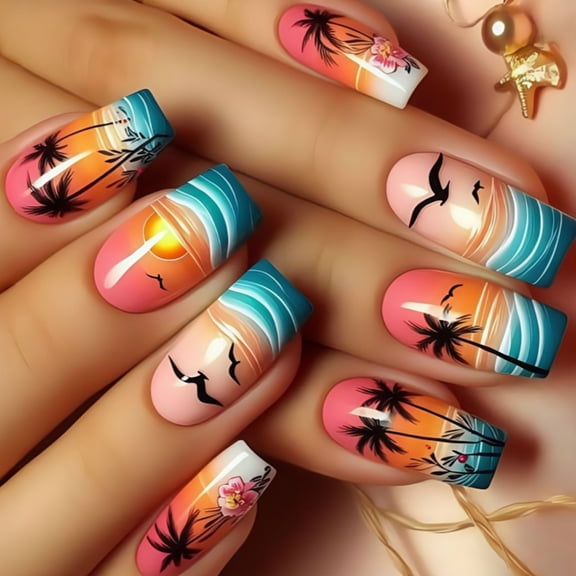 24 Pcs Coconut Tree Stick on Nail Seagulls Artificial Nail Medium Square False Nail Glossy Press On Nail for Woman Girls