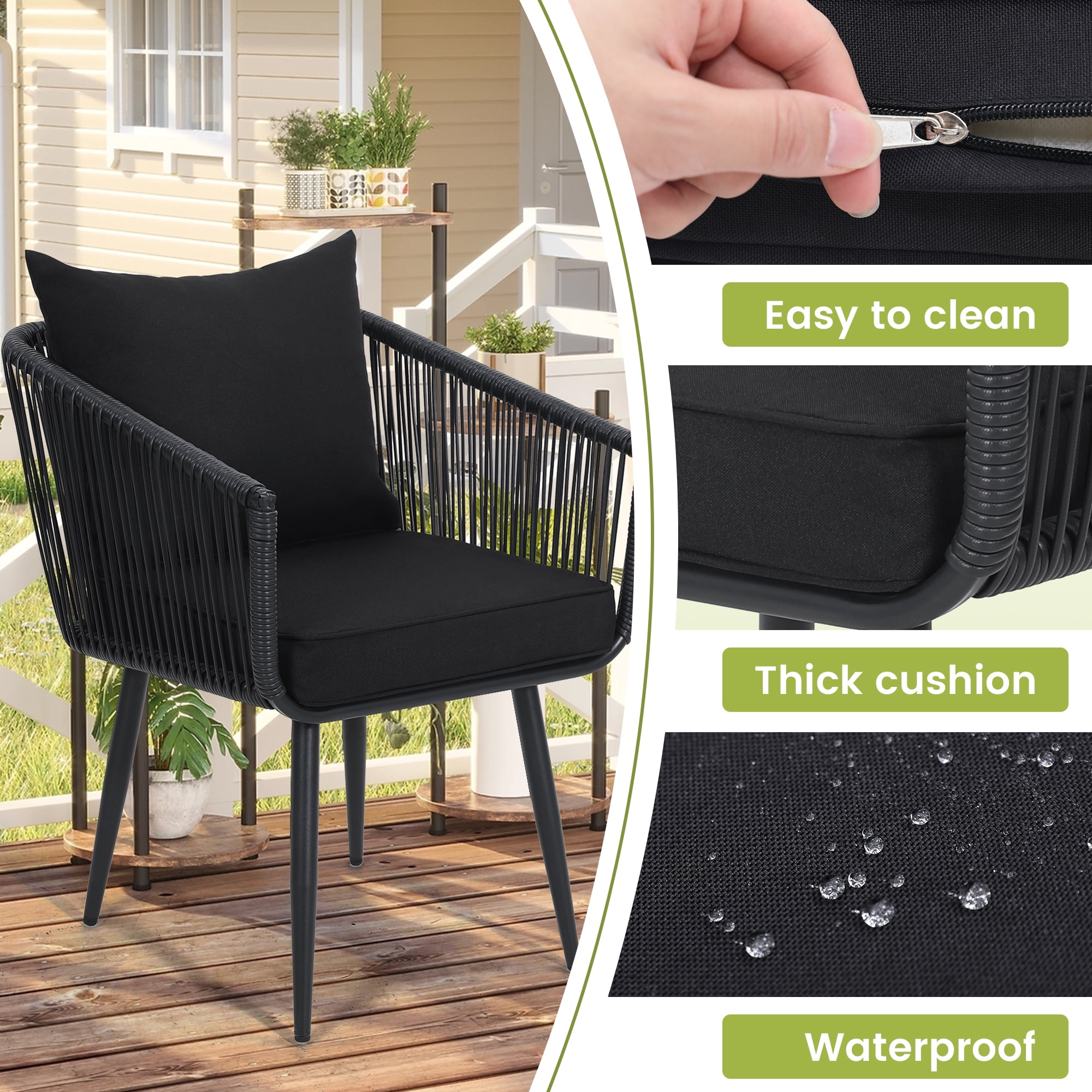 LOGYAT 3 Piece Patio Rattan Bistro Conversation Set, Outdoor All Weather Wicker Furniture Chair Set with Glass Tabletop for Balcony, Porch and Backyard, Black