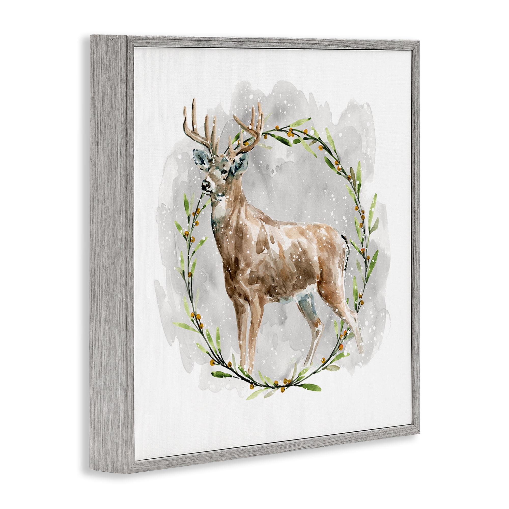 Stupell Industries Rustic Deer with Wreath Animals & Insects Painting Gray Framed Art Prints Wall Art, 12 x 12