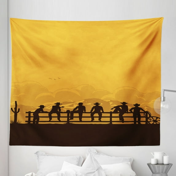Rodeo Tapestry, Silhouette of Cowboys Sitting on Fence American Texas West Coast Scene, Fabric Wall Hanging Decor for Bedroom Living Room Dorm, 5 Sizes, Seal Brown and Orange, by Ambesonne