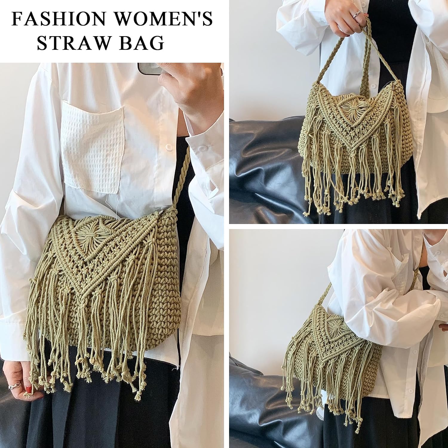 LinYooLi Straw Crossbody Bags for Women, Summer Straw Purses and Handbags with Tassels Shoulder Clutch Bag for Vacation