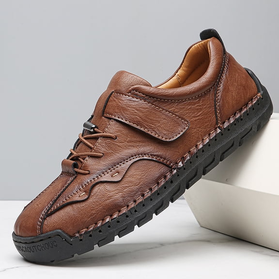 Men's Hand-Stitched Leather Casual Shoes with Adjustable Velcro, Comfort Non-Slip Daily Walking Sneakers
