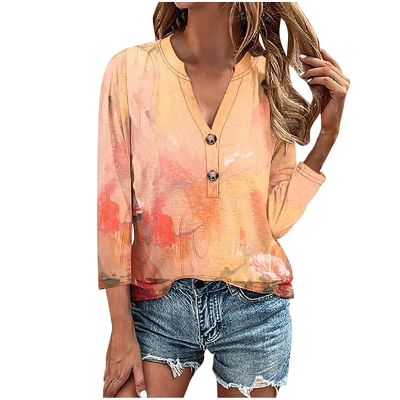 Cilsoka Boho Tops for Women 3/4 Length Sleeve Womens Tops Henley V Neck Summer Shirts Casual Elbow Length Button Down Shirt Floral Print Blouses