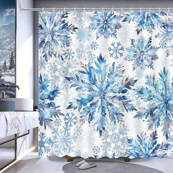 Christmas Snowflake Shower Curtain Winter Shower Curtain for Bathroom Blue Ice Crystal Snowflake Bathroom Decor Winter Holiday Home Decor Waterproof Fabric with 12 Hooks 60x72 Inch