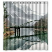MOHome Froggy Day Peaceful Bridge River and Mountain Shower Curtain Waterproof Polyester Fabric Shower Curtain Size 66x72 inches