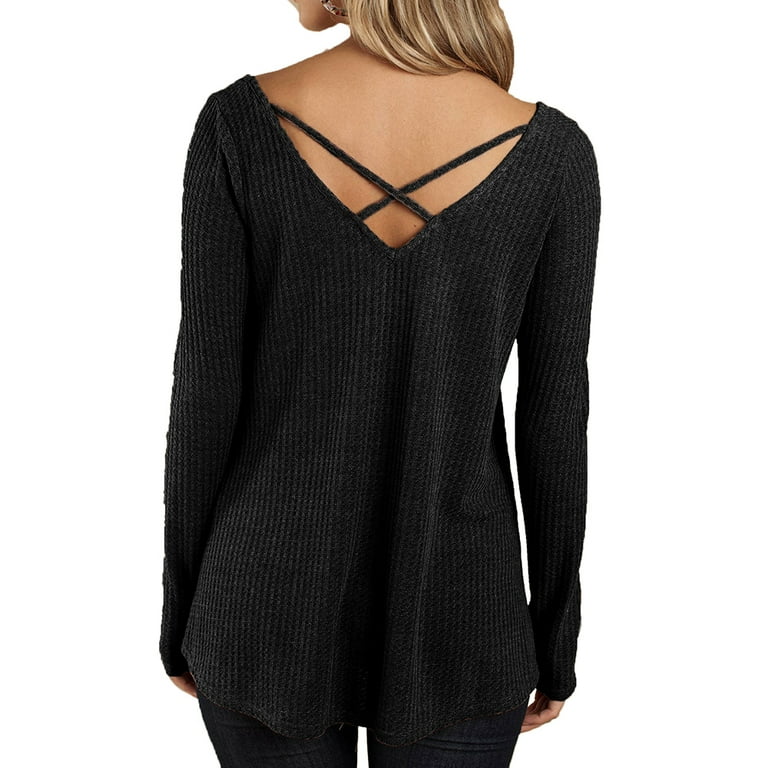 Plnotme Women's Long Sleeve Knit V-Neck Unique Crossover Front and