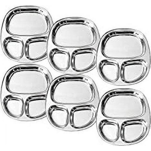 iKonbi Stainless Steel 3 in 1 Three Compartment Nasta/Snacks/Dinner Plate- Set of 6