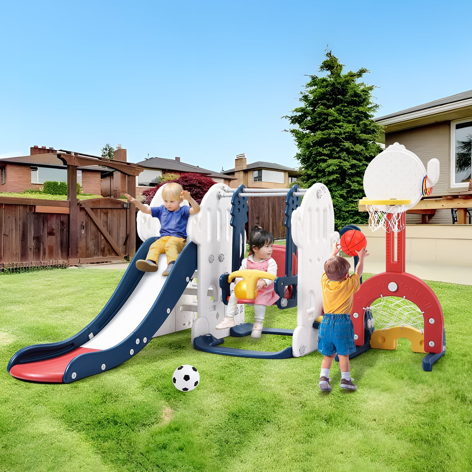 7 in 1 Toddler Slide and Swing Set with Extra Long Slipping Slope Basketball Hoop Soccer Golf Ring Toss Game, Kids Slide with Climber, Indoor Slide Baby Slide for Kid Play Climber Slide Playground