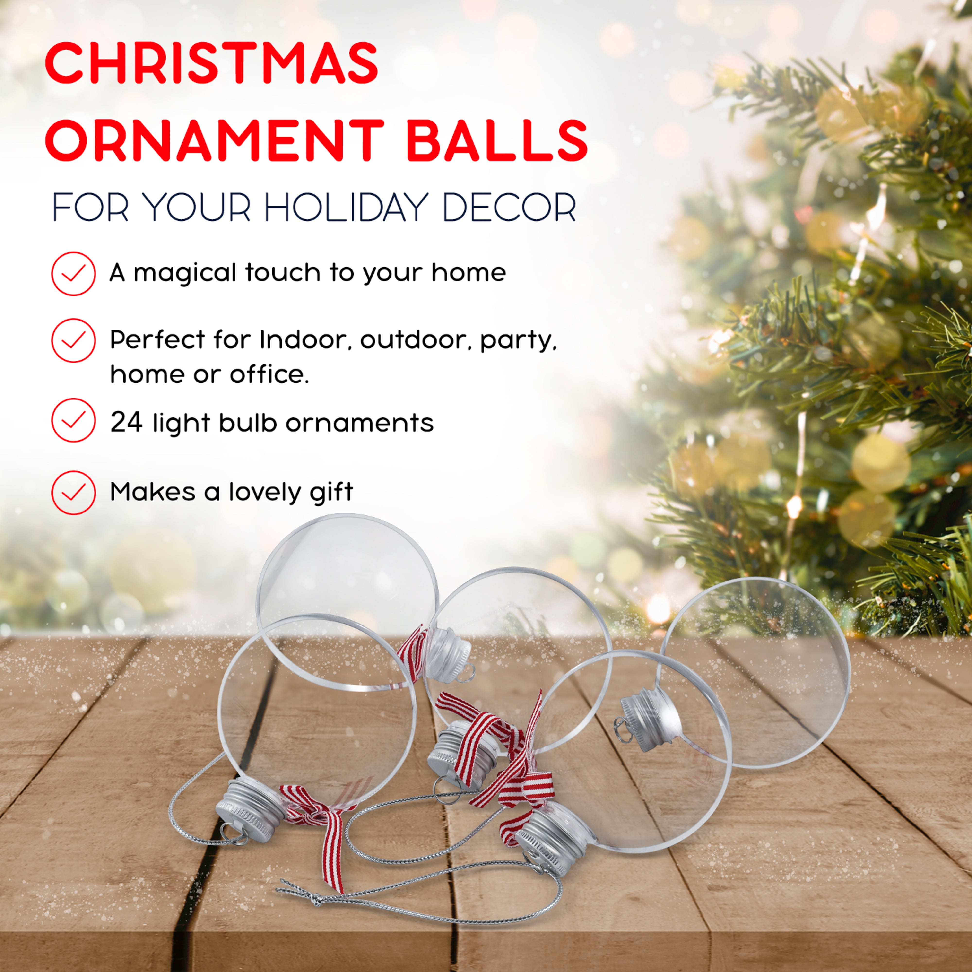 R N' D Toys Clear Fillable Ornaments Shatterproof Transparent Plastic Craft Ornament Balls Décor, Red, White Ribbon - DIY Christmas Sphere Pack of 24
